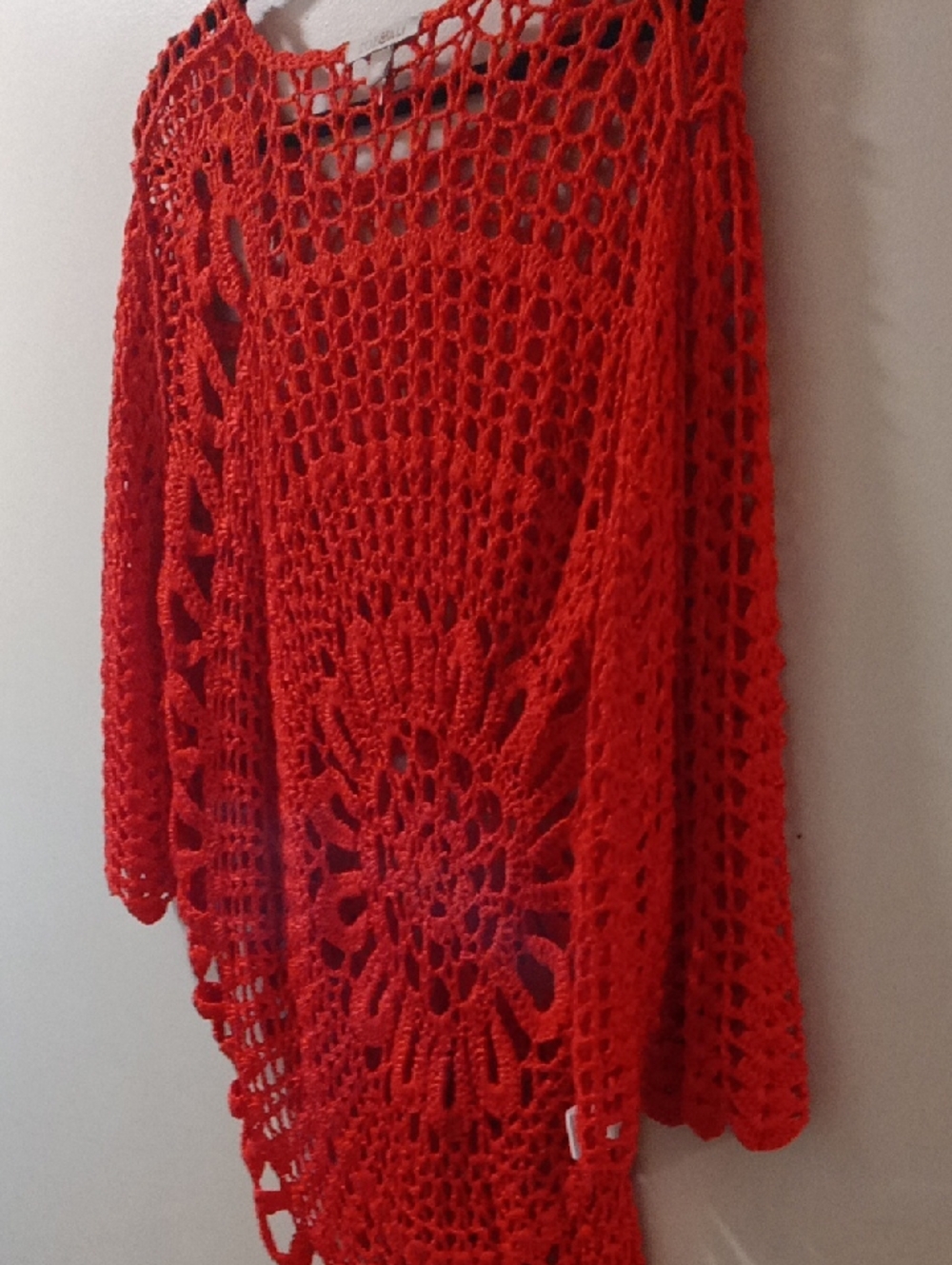 Roz & Ali Crochet Openwork Poncho in Red